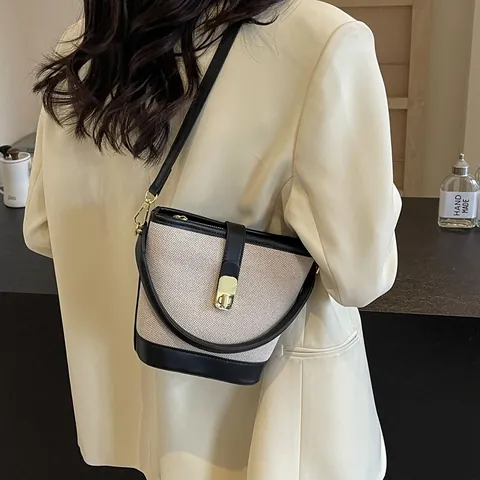 Bolso Cubo de Lona y Cuero PU para Mujer Moda Patchwork Cierre de Metal Correa de Hombro Ajustable Color de Contraste Informal