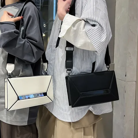 Geometrische PU Leder Umhängetasche Mit Transparentem Fenster Breite Riemen Urban Schulter Messenger Bag Für Herren Damen