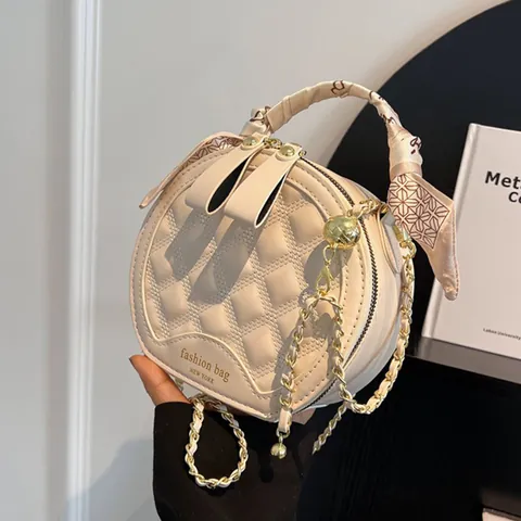Women Round Quilted Crossbody Bag Fashion PU Leather Rhombic Pattern Shoulder Handbag With Satin Scarf Handle Chain Strap Small Circle Purse