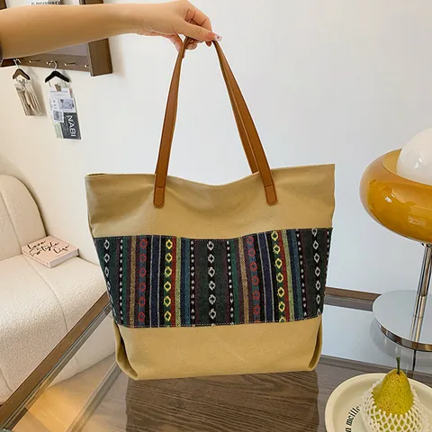 Women Large Canvas Tote Bag Ethnic Ribbon Decor Vintage Bohemian Shoulder Bag With PU Leather Handles Casual Commuting Handbag