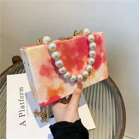 Artistic Marble Print Box Bag With Pearl Handle And Gold Chain For Women Fashion Hard Shell Crossbody Evening Clutch Bag