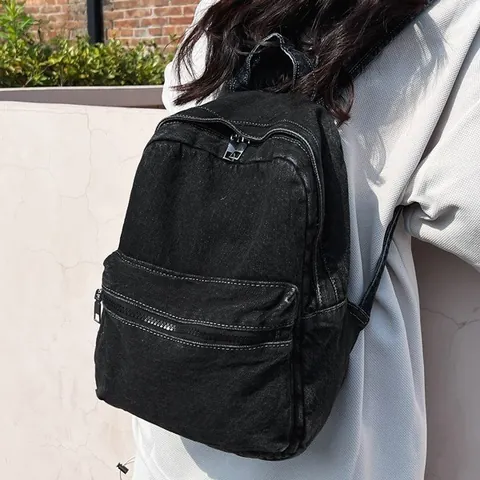 Women Retro Washed Denim Backpack Vintage Streetwear College Schoolbag Minimalist Travel Daypack With Front Zipper Pocket For Students