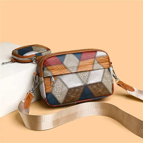 Women Vintage Geometric Patchwork PU Leather Crossbody Bag And Mini Coin Purse Wide Fabric Strap Fashion Casual Small Square Shoulder Bag For Daily Travel