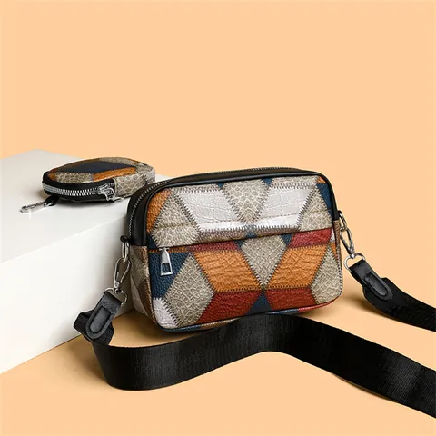 Women Vintage Geometric Patchwork PU Leather Crossbody Bag And Mini Coin Purse Wide Fabric Strap Fashion Casual Small Square Shoulder Bag For Daily Travel