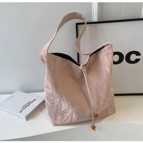 Bolso de Mano para Mujer de Cuero PU con Textura Plisada de Gran Capacidad Bolso de Hombro con Cordón de Cuentas de Ámbar para Trabajo Diario