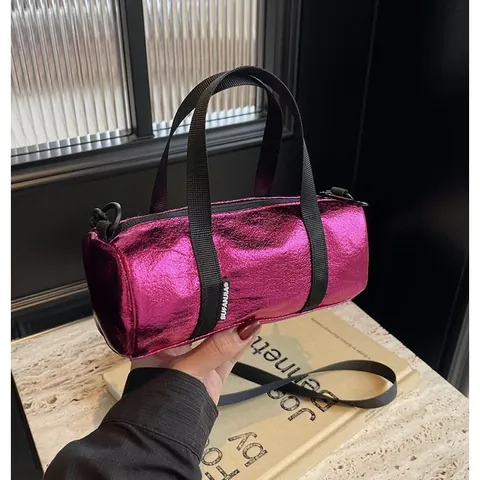 Women's Metallic Cylinder Crossbody Bag Oxford Cloth Fashion Small Pillow Handbag Urban Minimalist Shoulder Bag With Adjustable Strap