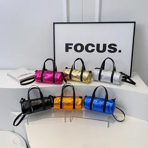 Women's Metallic Cylinder Crossbody Bag Oxford Cloth Fashion Small Pillow Handbag Urban Minimalist Shoulder Bag With Adjustable Strap