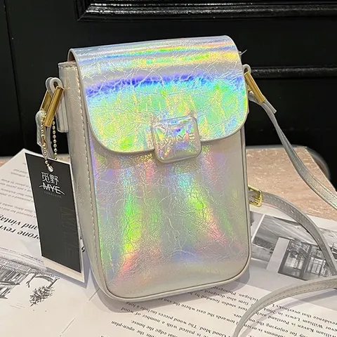 Damen Mode PU Leder Handytasche Metallisch Gefaltet Kleine Umhängetasche Mini Vertikal Quadratische Handtasche Casual Schultertasche