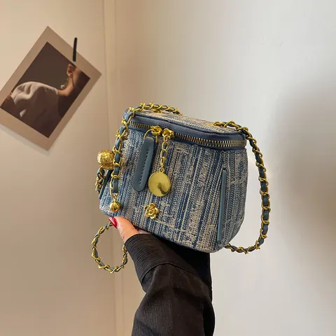 Elegant Denim Tweed Vanity Case Crossbody Bag For Women Luxury Camellia Decor Chain Strap Small Square Shoulder Bag