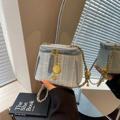 Elegant Denim Tweed Vanity Case Crossbody Bag For Women Luxury Camellia Decor Chain Strap Small Square Shoulder Bag