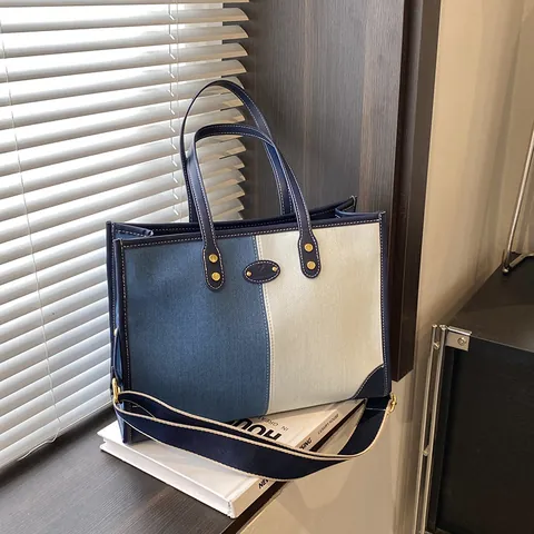 Μεγάλης Χωρητικότητας Τσάντα Tote Denim Για Γυναίκες Μόδα Patchwork Τσάντα Χειρός Με Φαρδύ Λουράκι Καθημερινή Τσάντα Ώμου Με Διακόσμηση PU
