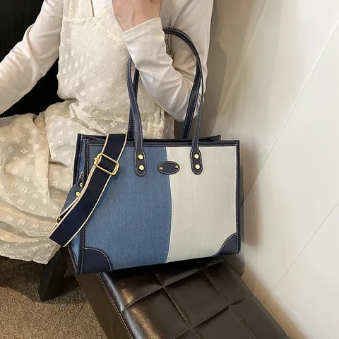Μεγάλης Χωρητικότητας Τσάντα Tote Denim Για Γυναίκες Μόδα Patchwork Τσάντα Χειρός Με Φαρδύ Λουράκι Καθημερινή Τσάντα Ώμου Με Διακόσμηση PU