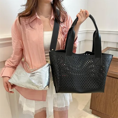Fashion Hollow Out Laser Cut PU Leather Tote Bag With Inner Pouch Large Capacity Women Shoulder Bag Casual Trendy Handbag