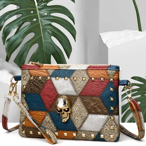 Vintage Punk PU Leather Crossbody Bag For Women Geometric Patchwork Clutch With Crystal Skull Rivet Decor Small Square Bag
