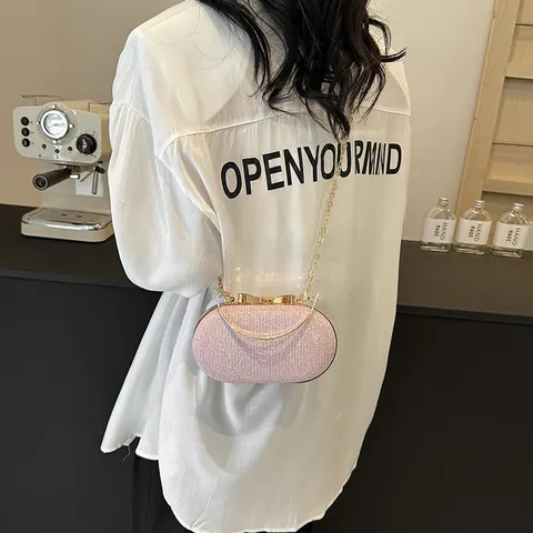 Elegante Borsa da Sera con Paillettes Luccicanti con Chiusura a Fiocco Manico Rotondo Tracolla a Catena per Banchetti e Feste