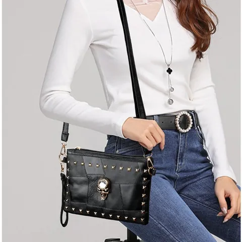 Vintage Punk PU Leather Crossbody Bag For Women Geometric Patchwork Clutch With Crystal Skull Rivet Decor Small Square Bag