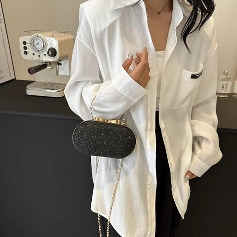 Elegante Borsa da Sera con Paillettes Luccicanti con Chiusura a Fiocco Manico Rotondo Tracolla a Catena per Banchetti e Feste