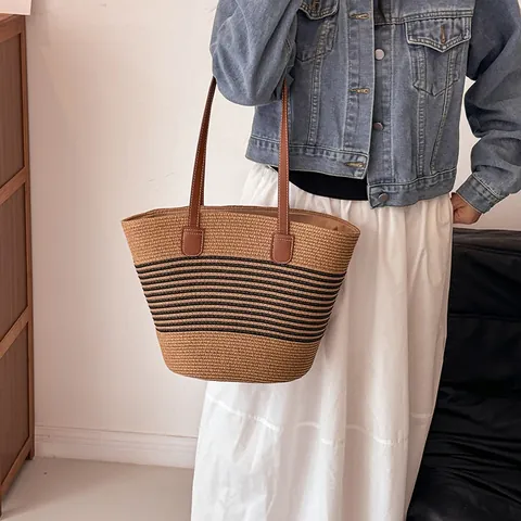 Women Summer Straw Woven Tote Bag Contrast Stripe Handwoven Beach Holiday Large Capacity Shoulder Bag With Leather Handle Fashion Forest Style Handbag