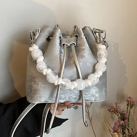 Sac Seau en Cuir PU pour Femmes Avec Grande Poignée en Künstliche Perles Sac à Bandoulière Décontracté à Cordon Sac à Main Versatile