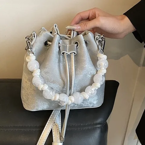 Sac Seau en Cuir PU pour Femmes Avec Grande Poignée en Künstliche Perles Sac à Bandoulière Décontracté à Cordon Sac à Main Versatile