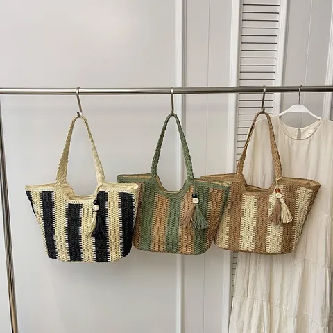 Borsa Tote da Donna in Paglia Intrecciata Bohemien Estiva Grande Capacità a Righe Borsa a Tracolla da Spiaggia Con Nappine