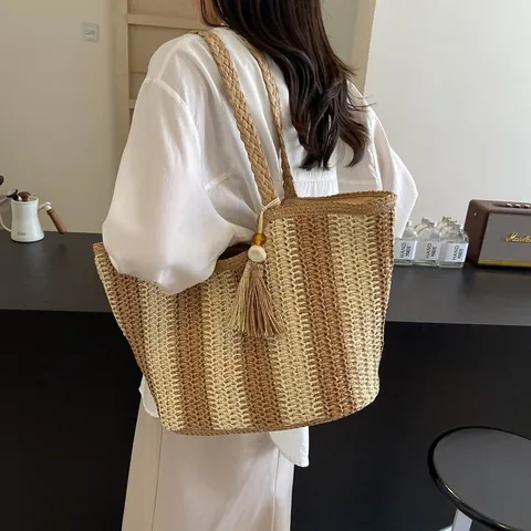 Borsa Tote da Donna in Paglia Intrecciata Bohemien Estiva Grande Capacità a Righe Borsa a Tracolla da Spiaggia Con Nappine