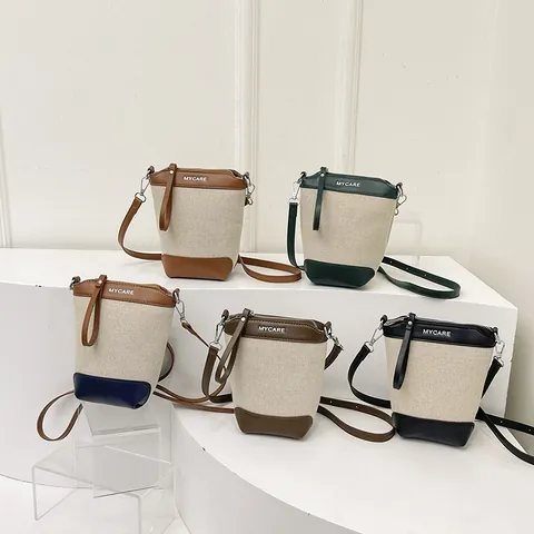 Sac Seau Femme Décontracté en Toile Cuir PU Bloc de Couleur Surpiqûres Bandoulière Réglable Fermeture Éclair Sac Bandoulière
