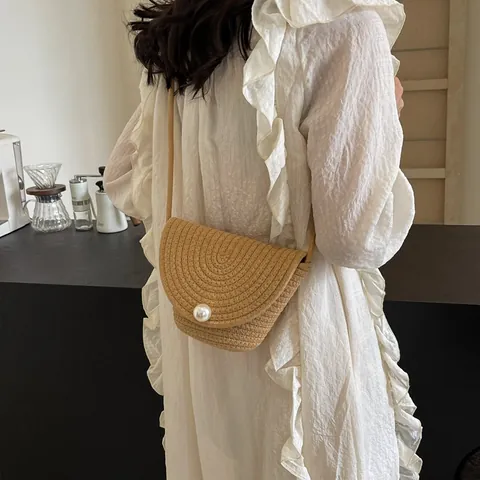 Bolso Bandolera de Paja Tejida de Moda para Mujer Con Decoración de Perla Artificial Grande Pequeño Bolso de Cubo de Media Luna para Vacaciones de Playa de Verano