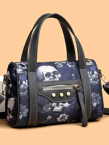 Women Gothic Skull Floral Print Boston Handbag PU Leather Rivet Shoulder Crossbody Bag Street Punk Style Small Tote Purse