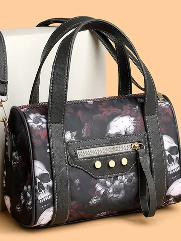Women Gothic Skull Floral Print Boston Handbag PU Leather Rivet Shoulder Crossbody Bag Street Punk Style Small Tote Purse