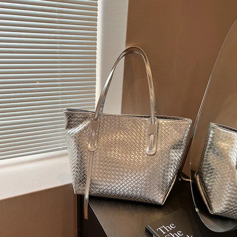 Große Kapazität Damen Webstruktur Tragetasche PU Leder Retro Vielseitig Schultertasche Urban Einfach Mode Handtasche Für Den Alltag