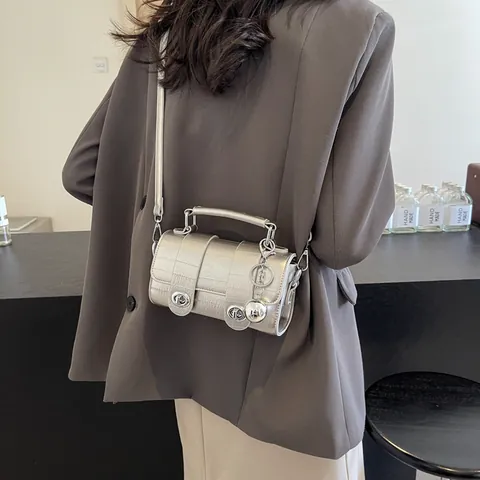 Women Trendy PU Leather Messenger Bag With Metal Ball Pendant Minimalist Solid Color Turn Lock Shoulder Crossbody Handbag