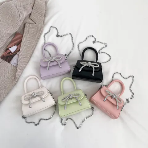 Mini Sac à Main en Cuir PU avec Nœud en Strass pour Femmes Filles Sac à Bandoulière Elégant Sac à Rouge à Lèvres Pochette de Fête