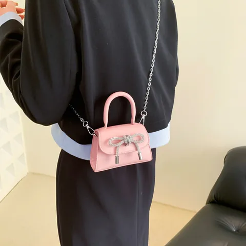 Mini Sac à Main en Cuir PU avec Nœud en Strass pour Femmes Filles Sac à Bandoulière Elégant Sac à Rouge à Lèvres Pochette de Fête