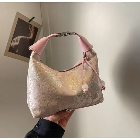 Women Neo-Chinese Satin Jacquard Dumpling Bag Elegant Retro Embroidered Shoulder Crossbody Bag Bead Charm Handbag