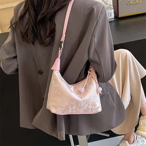 Women Neo-Chinese Satin Jacquard Dumpling Bag Elegant Retro Embroidered Shoulder Crossbody Bag Bead Charm Handbag