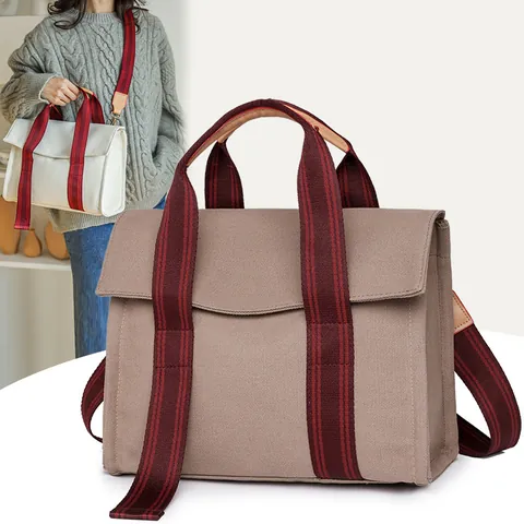 Bolso Tote de Lona de Gran Capacidad para Mujer Correa de Cincha a Rayas Bolso de Hombro Bandolera Cierre de Solapa Urbano Diario