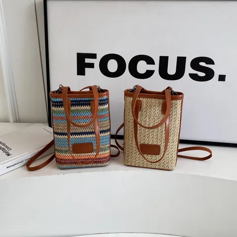 Bolso Cuadrado Pequeño de Paja Tejida para Mujer Verano Rayas Coloridas Bolso de Mano para Vacaciones Con Ribete de Cuero Cierre Magnético Bandolera