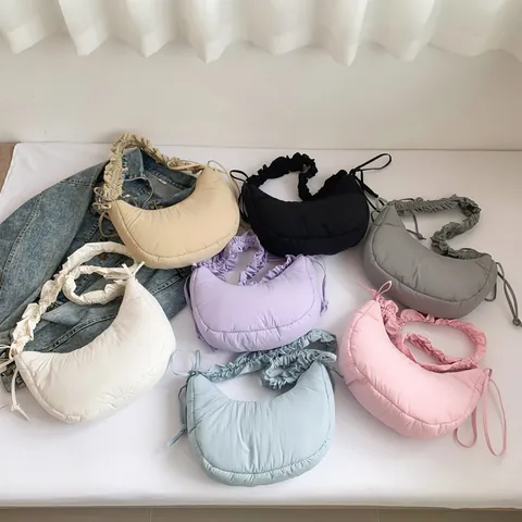 Borsa a Spalla Donna Casual Pieghe Tinta Unita Trapuntata Mezzaluna Hobo Con Tracolla Arricciata E Coulisse
