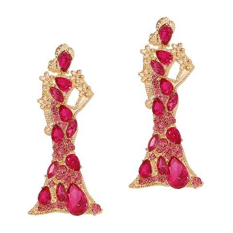 Lussuosi Orecchini Pendenti in Lega a Figura Femminile di Cartone Animato Elegante Abito da Donna con Strass Intarsiati Gioielli per Orecchie Tonalità Oro Accessori per Feste e Banchetti da Donna