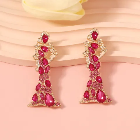 Lussuosi Orecchini Pendenti in Lega a Figura Femminile di Cartone Animato Elegante Abito da Donna con Strass Intarsiati Gioielli per Orecchie Tonalità Oro Accessori per Feste e Banchetti da Donna