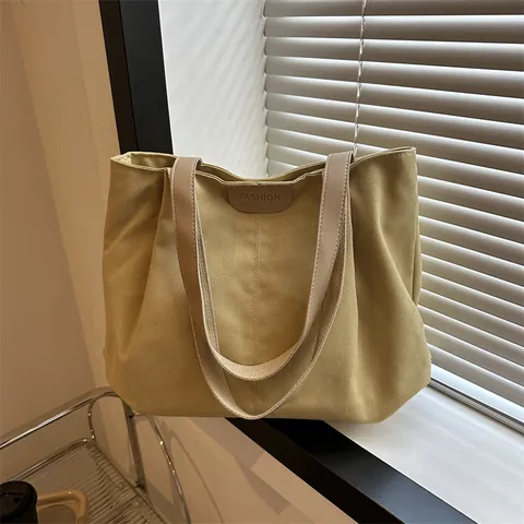 Women Large Capacity Canvas Tote Bag French Niche Shoulder Bag PU Leather Handle Daily Commuting Crossbody Handbag With Fashion Label