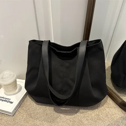 Women Large Capacity Canvas Tote Bag French Niche Shoulder Bag PU Leather Handle Daily Commuting Crossbody Handbag With Fashion Label