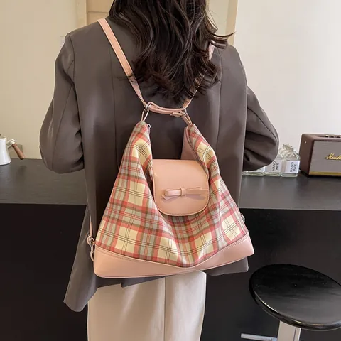 Women Fashion Plaid Tote Bag With Bow Knot Large Capacity PU Leather Canvas Splicing Shoulder Bag Multi Function Backpack