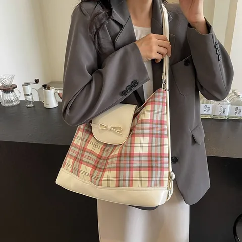 Women Fashion Plaid Tote Bag With Bow Knot Large Capacity PU Leather Canvas Splicing Shoulder Bag Multi Function Backpack