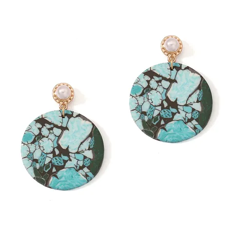 Bohemian Polymer Clay Marble Print Round Drop Earrings With Faux Pearl Vintage Alloy Dangle Earrings For Women Jewelry Gift