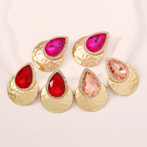 Vintage Zinc Alloy Rhinestone Water Drop Stud Earrings For Women Hammered Gold Metal Teardrop Earrings Wedding Jewelry