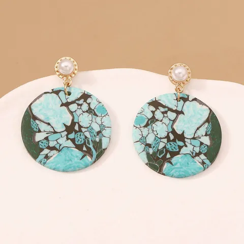 Bohemian Polymer Clay Marble Print Round Drop Earrings With Faux Pearl Vintage Alloy Dangle Earrings For Women Jewelry Gift