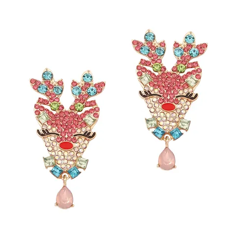Vintage Christmas Reindeer Rhinestone Stud Earrings For Women Alloy Colorful Crystal Teardrop Drop Earrings Jewelry Gift