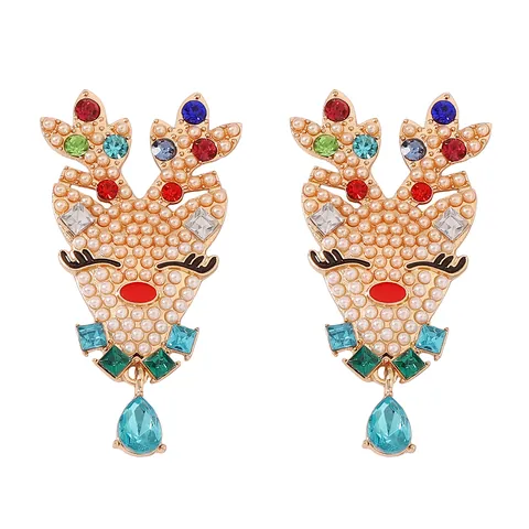 Vintage Christmas Reindeer Rhinestone Stud Earrings For Women Alloy Colorful Crystal Teardrop Drop Earrings Jewelry Gift